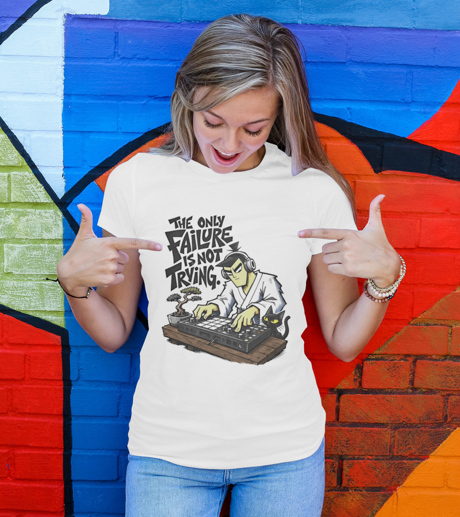 The Only Failure Is Not Trying Samurai DJ With Cat And Bonsai T-Shirt