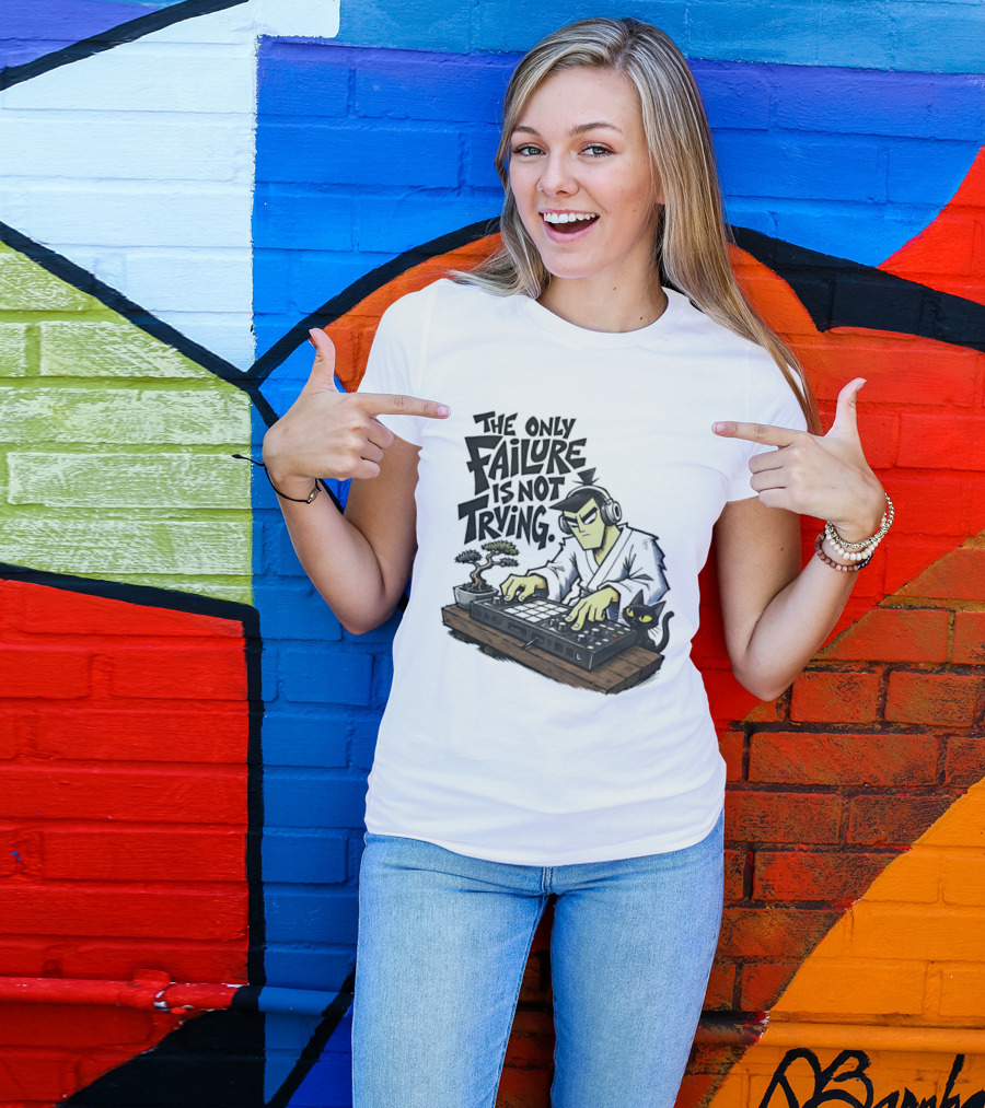The Only Failure Is Not Trying Samurai DJ With Cat And Bonsai T-Shirt