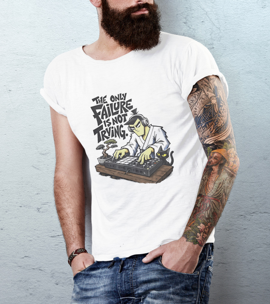 The Only Failure Is Not Trying Samurai DJ With Cat And Bonsai T-Shirt