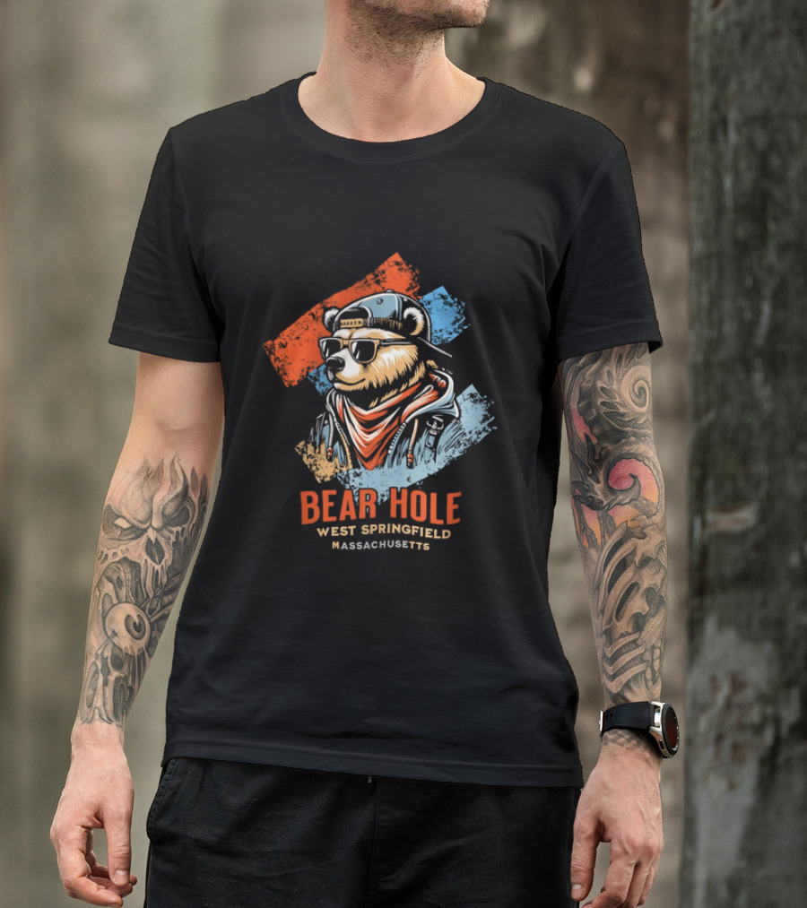 Bear Hole West Springfield Massachusetts Bear Wearing Sunglasses Cap Bandana Distressed T-Shirt