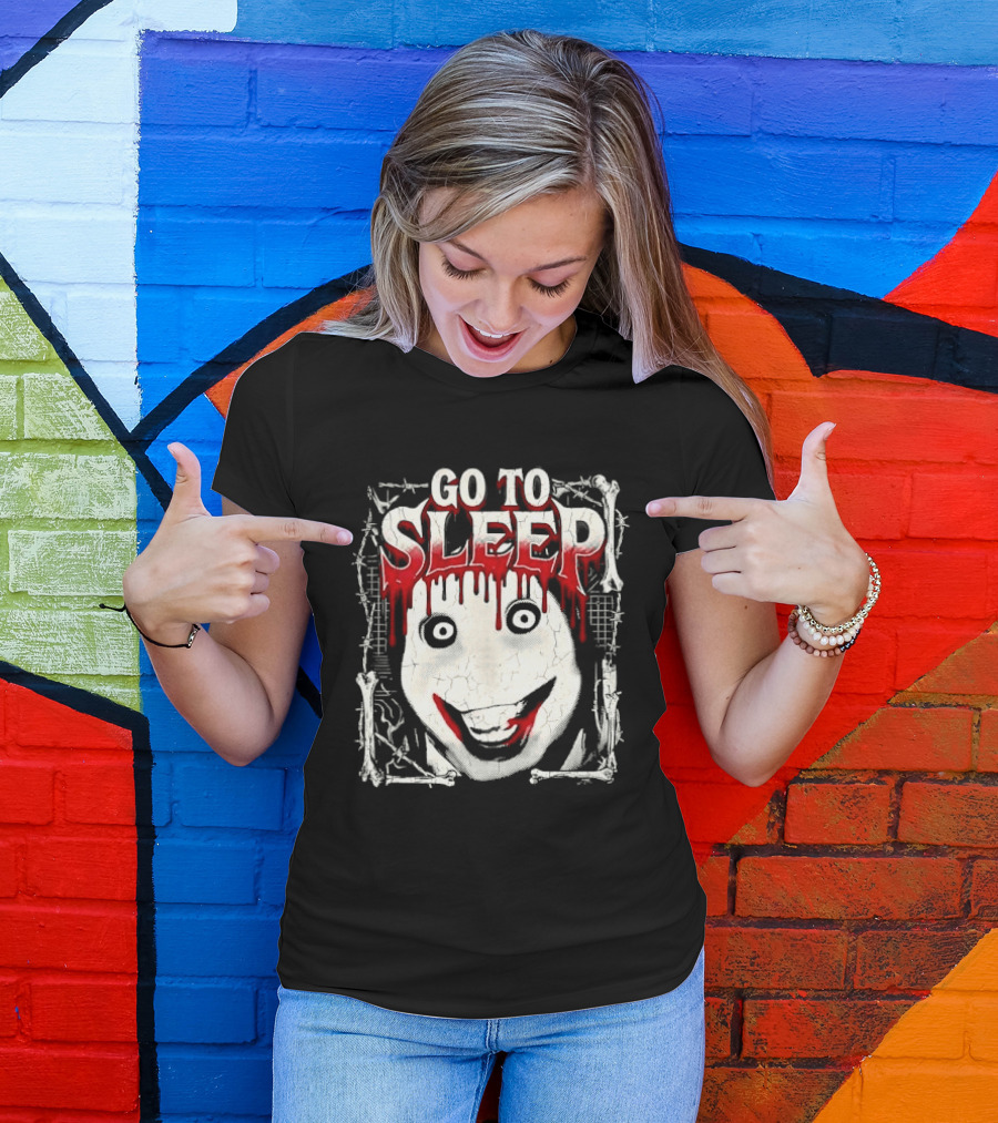 Go To Sleep Creepy Pale Face Bloody Smile Barbed Wire Bones T-Shirt