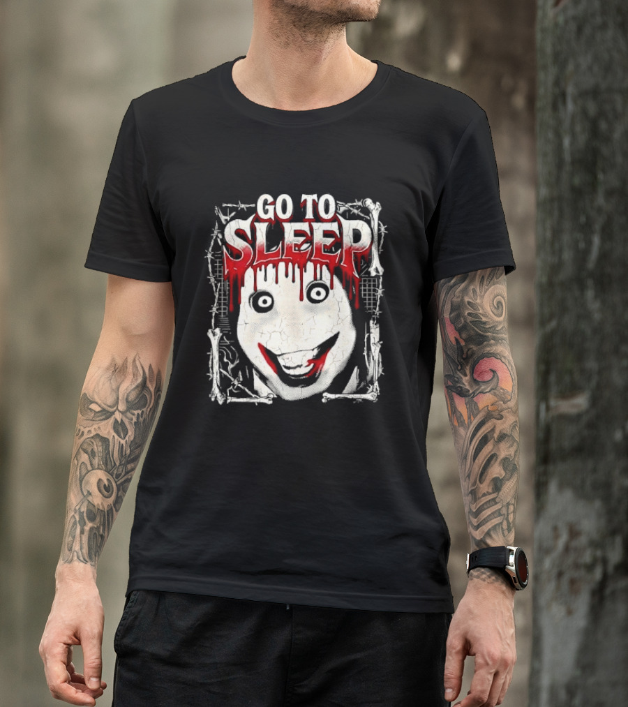 Go To Sleep Creepy Pale Face Bloody Smile Barbed Wire Bones T-Shirt
