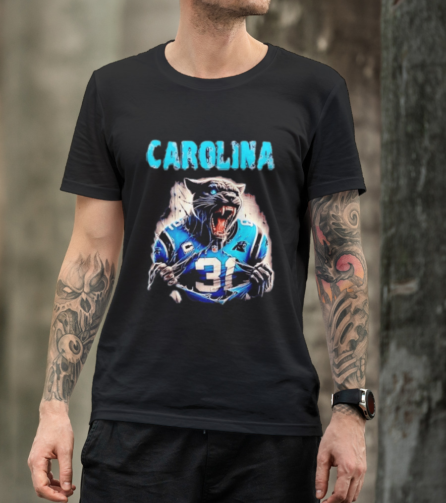 Carolina Panthers Snarling Beast Tearing Blue Jersey 31 T-Shirt