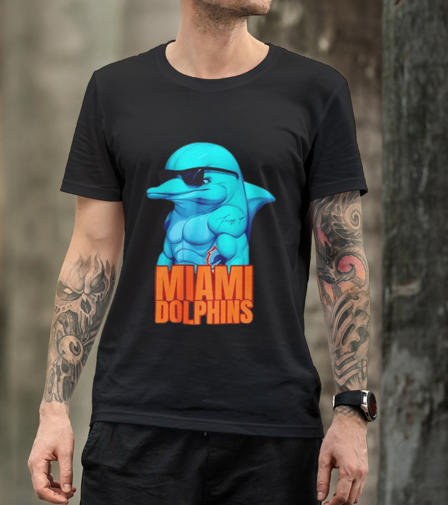 Miami Dolphins Fins Up Muscular Cartoon Sunglasses Tattoo T-Shirt