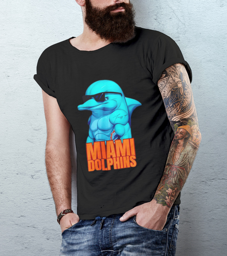 Miami Dolphins Fins Up Muscular Cartoon Sunglasses Tattoo T-Shirt