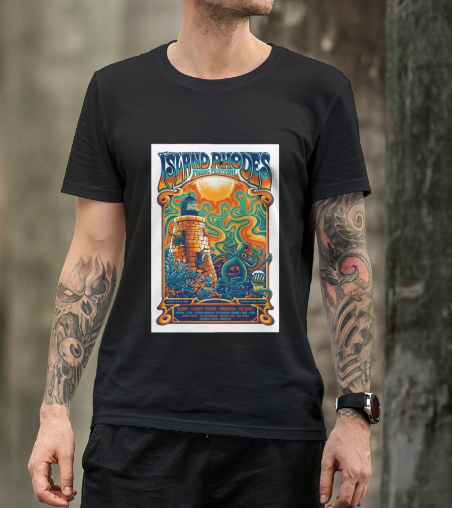 Island Rhodes Music Festival 2026 Lighthouse Octopus Art Pawtucket Rhode Island Sublime Slightly Stoopid August 15 16 T-Shirt