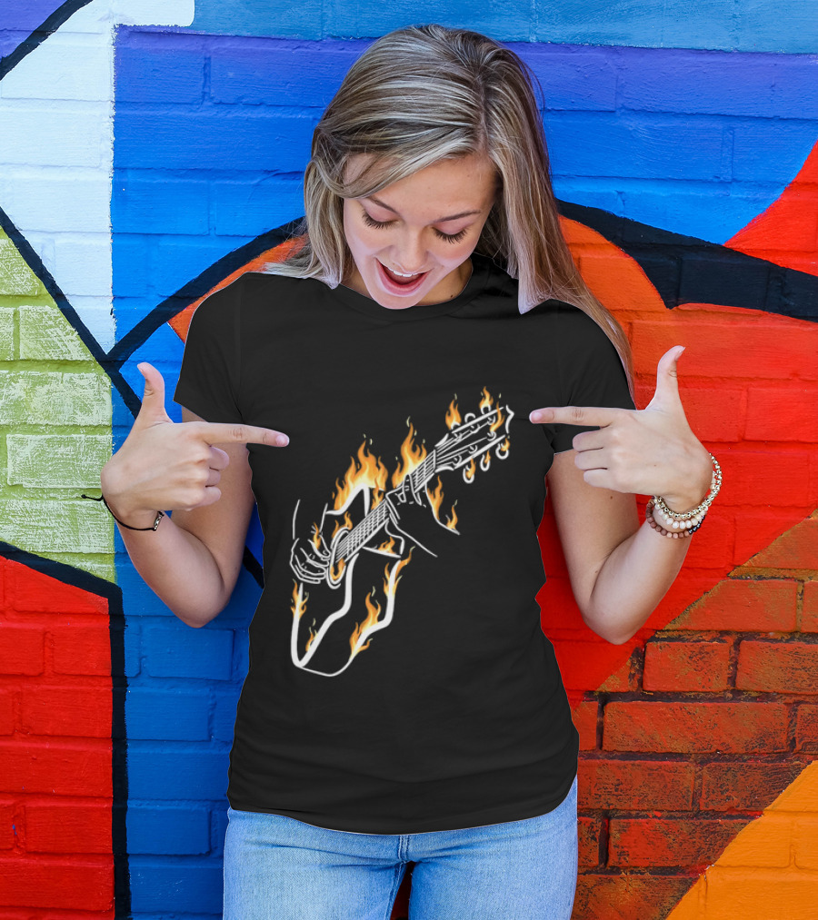 Musician Hands Flaming Acoustic Guitar White Line Artistry T-Shirt