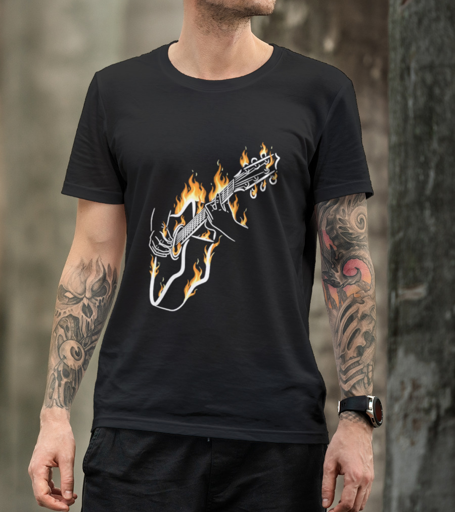 Musician Hands Flaming Acoustic Guitar White Line Artistry T-Shirt