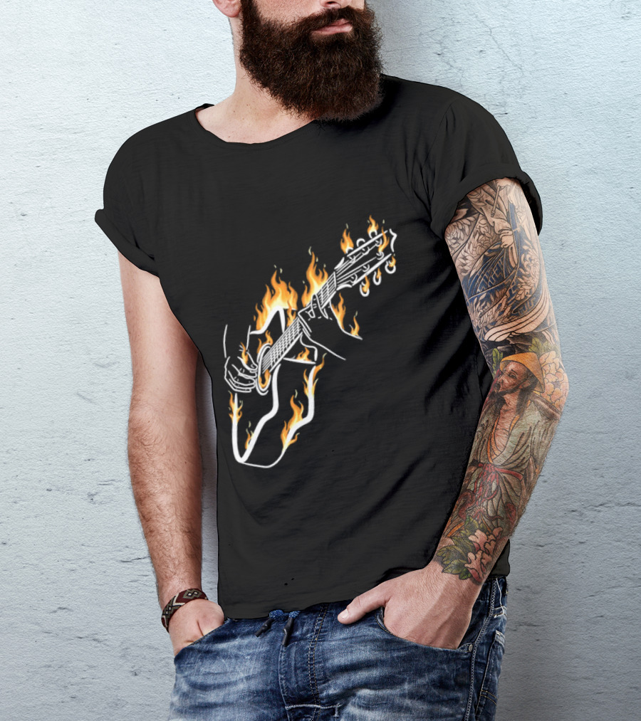 Musician Hands Flaming Acoustic Guitar White Line Artistry T-Shirt
