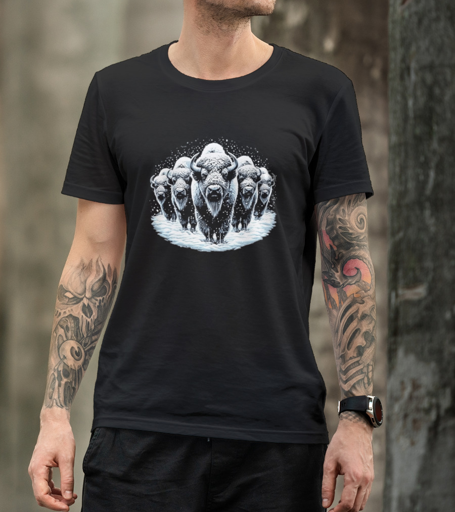 Five Snowbound American Bison Herd Winter Blizzard Snowdrift T-Shirt