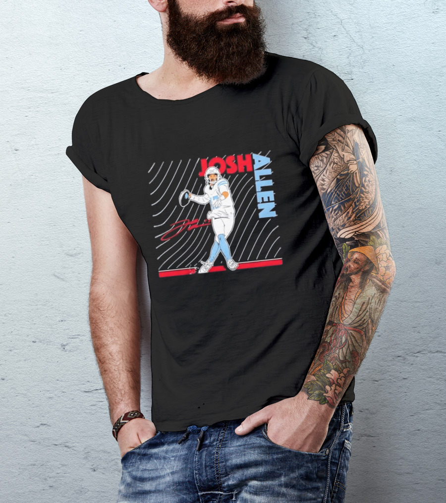 Josh Allen Quarterback Throwing Football Wavy Line Illustration With Bold Name T-Shirt