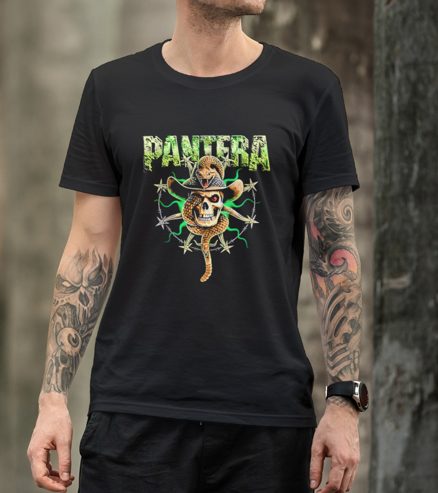 Pantera Rattlesnake Coiled Skull Cowboy Hat Green Glow T-Shirt