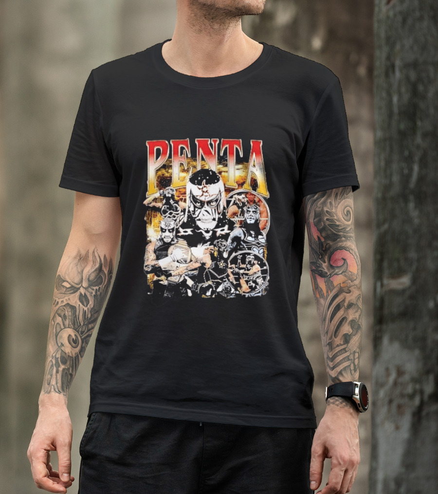 Penta Masked Luchador Wrestler Belt Photo Collage Bootleg T-Shirt