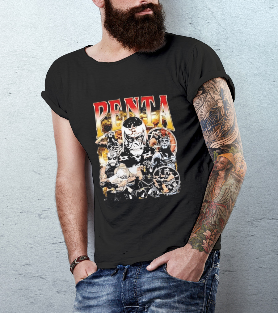 Penta Masked Luchador Wrestler Belt Photo Collage Bootleg T-Shirt