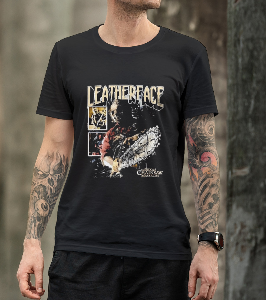 Leatherface Texas Chainsaw Massacre Horror Collage Holding Saw T-Shirt