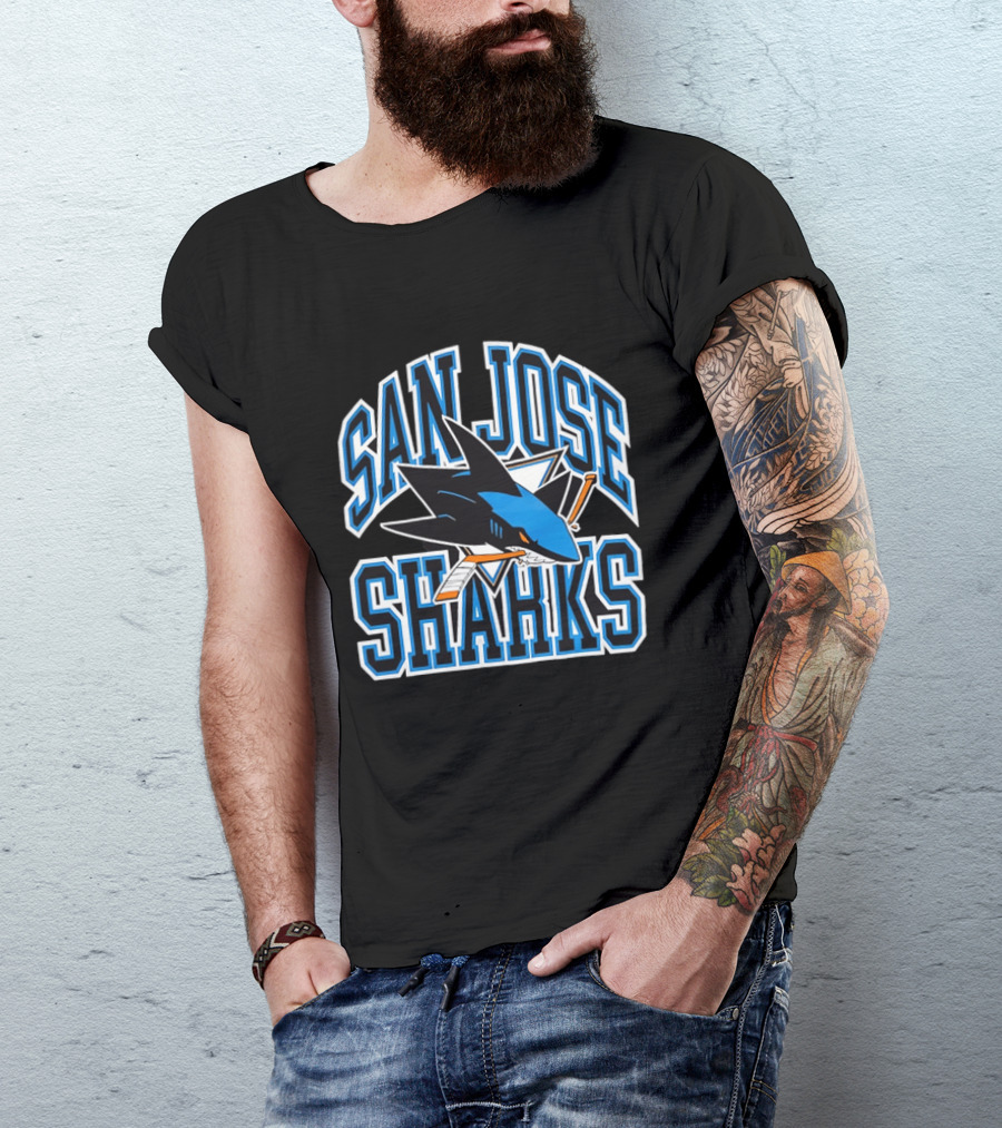 San Jose Sharks Biting Broken Hockey Stick Triangle NHL T-Shirt