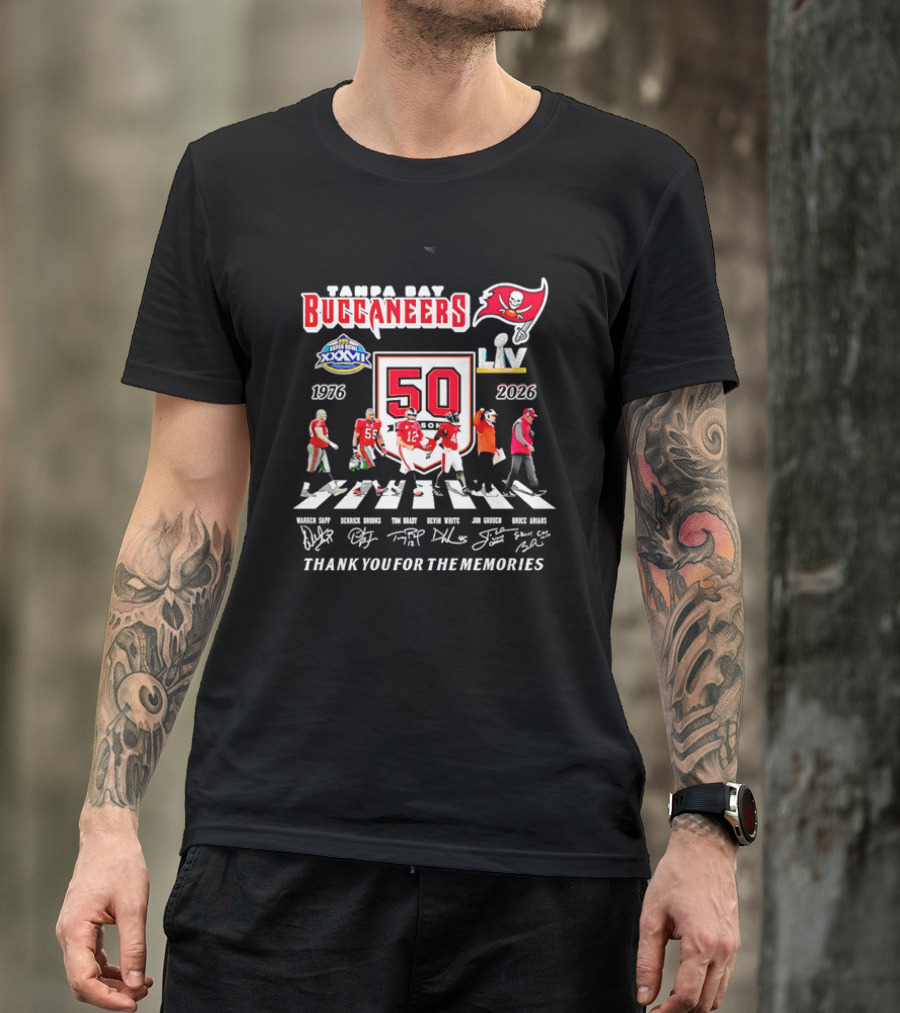 Tampa Bay Buccaneers 50th Anniversary Thank You For The Memories Warren Sapp Derrick Brooks Abbey Road Crosswalk 1976 2026 T-Shirt