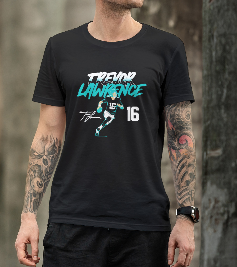 Trevor Lawrence No 16 Jaguars Signature Style Football 2026 T-Shirt