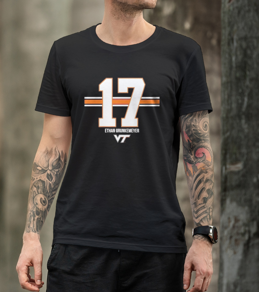 Virginia Tech Hokies Ethan Grunkemeyer 17 Horizontal Stripes T-Shirt