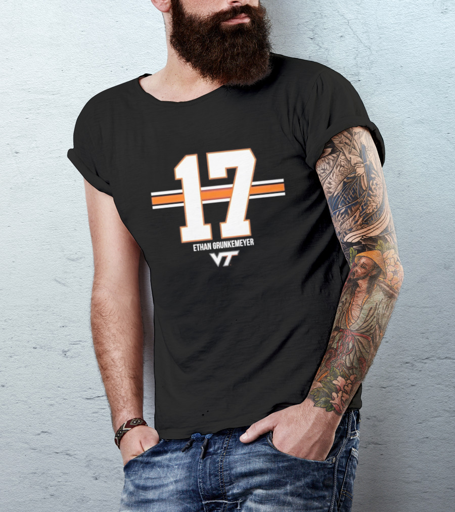 Virginia Tech Hokies Ethan Grunkemeyer 17 Horizontal Stripes T-Shirt