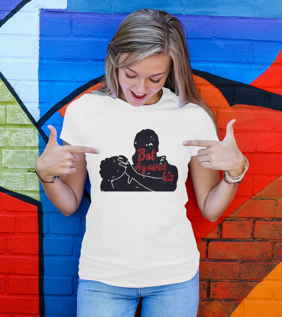 Bet Against Us Red Script Embracing Figures White Line T-Shirt