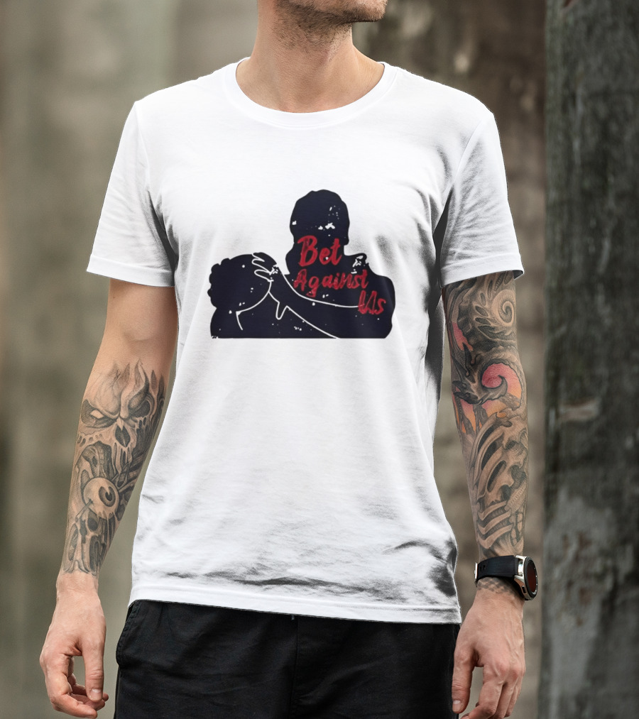 Bet Against Us Red Script Embracing Figures White Line T-Shirt
