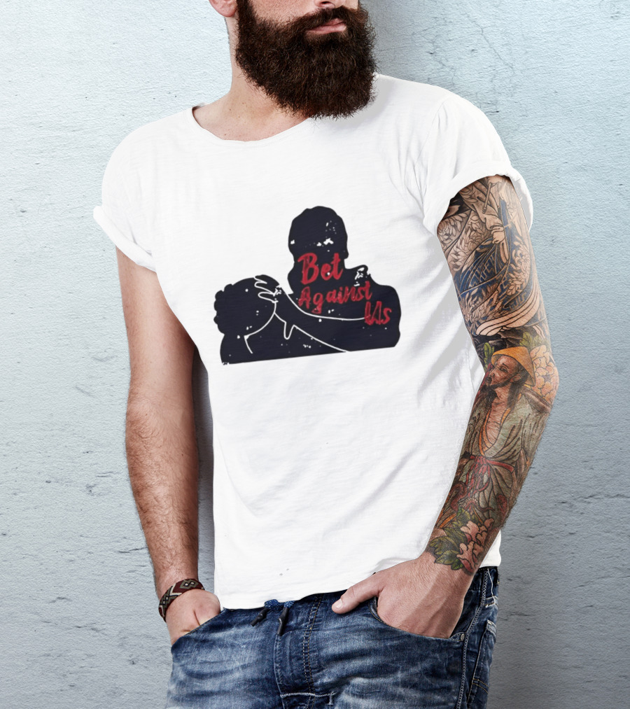 Bet Against Us Red Script Embracing Figures White Line T-Shirt