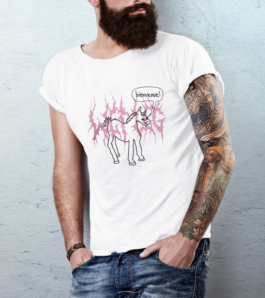 Bienvenue Cartoon Horned Unicorn Pink Flames T-Shirt