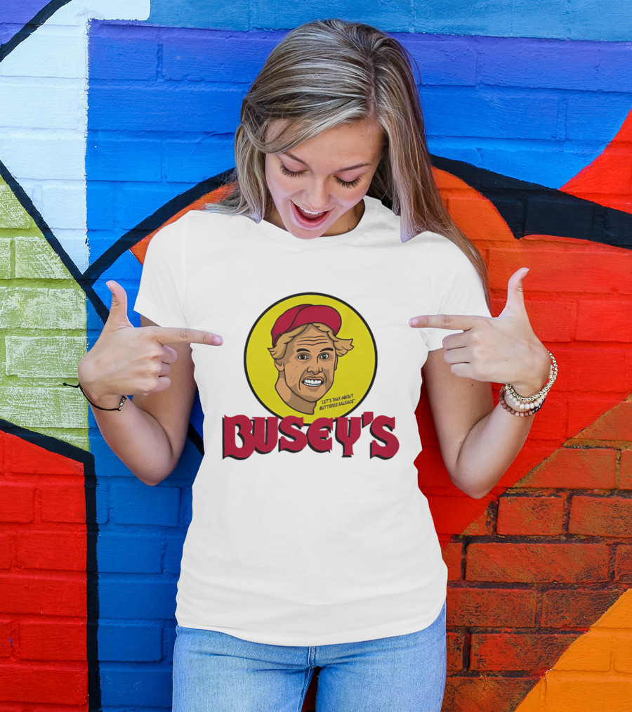 Busey's Let's Talk About Buttered Sausage Gary Busey Red Cap T-Shirt