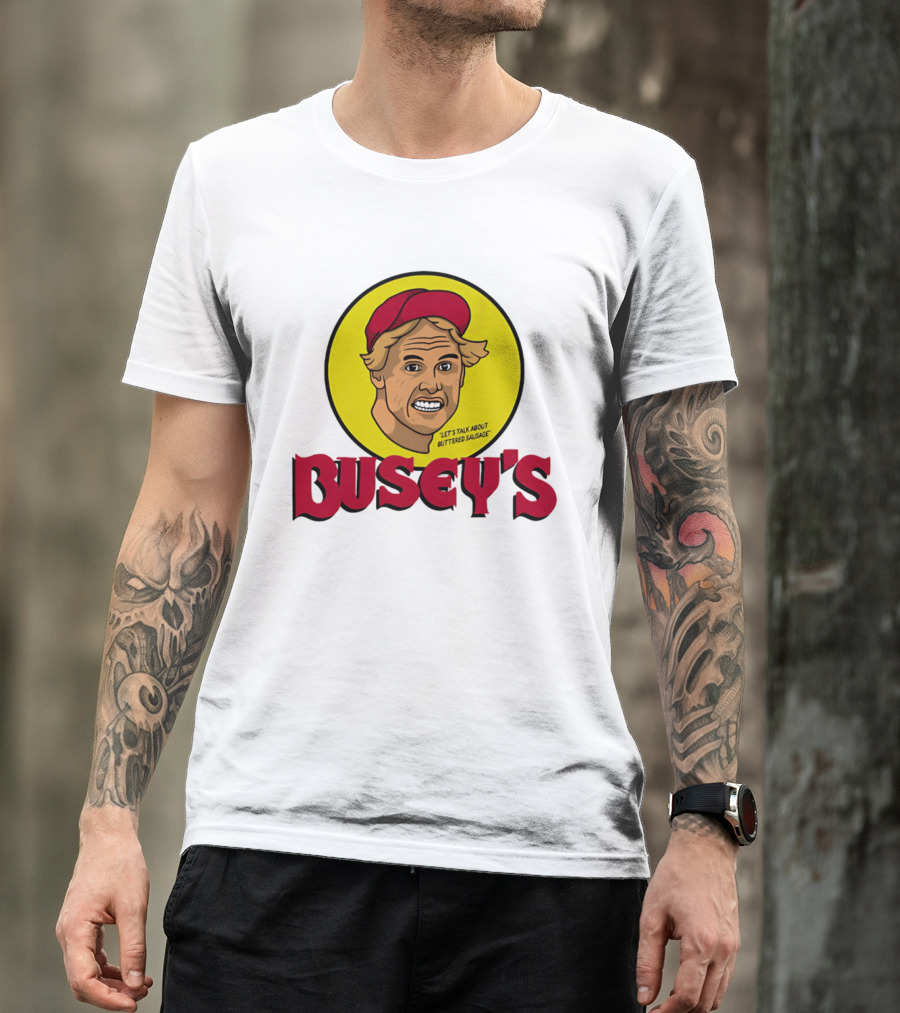Busey's Let's Talk About Buttered Sausage Gary Busey Red Cap T-Shirt