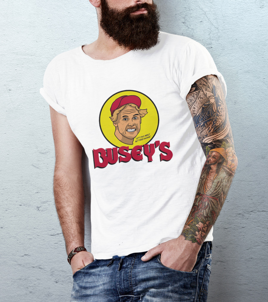Busey's Let's Talk About Buttered Sausage Gary Busey Red Cap T-Shirt