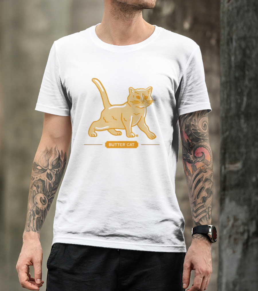 Butter Cat Yellow Orange Cartoon Walking Feline Line T-Shirt