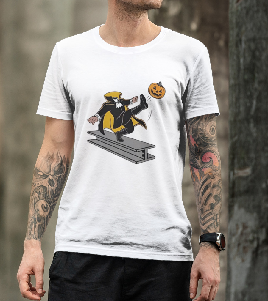 Cartoon Headless Horseman Kicking Jack O Lantern Pumpkin Steel Beam T-Shirt