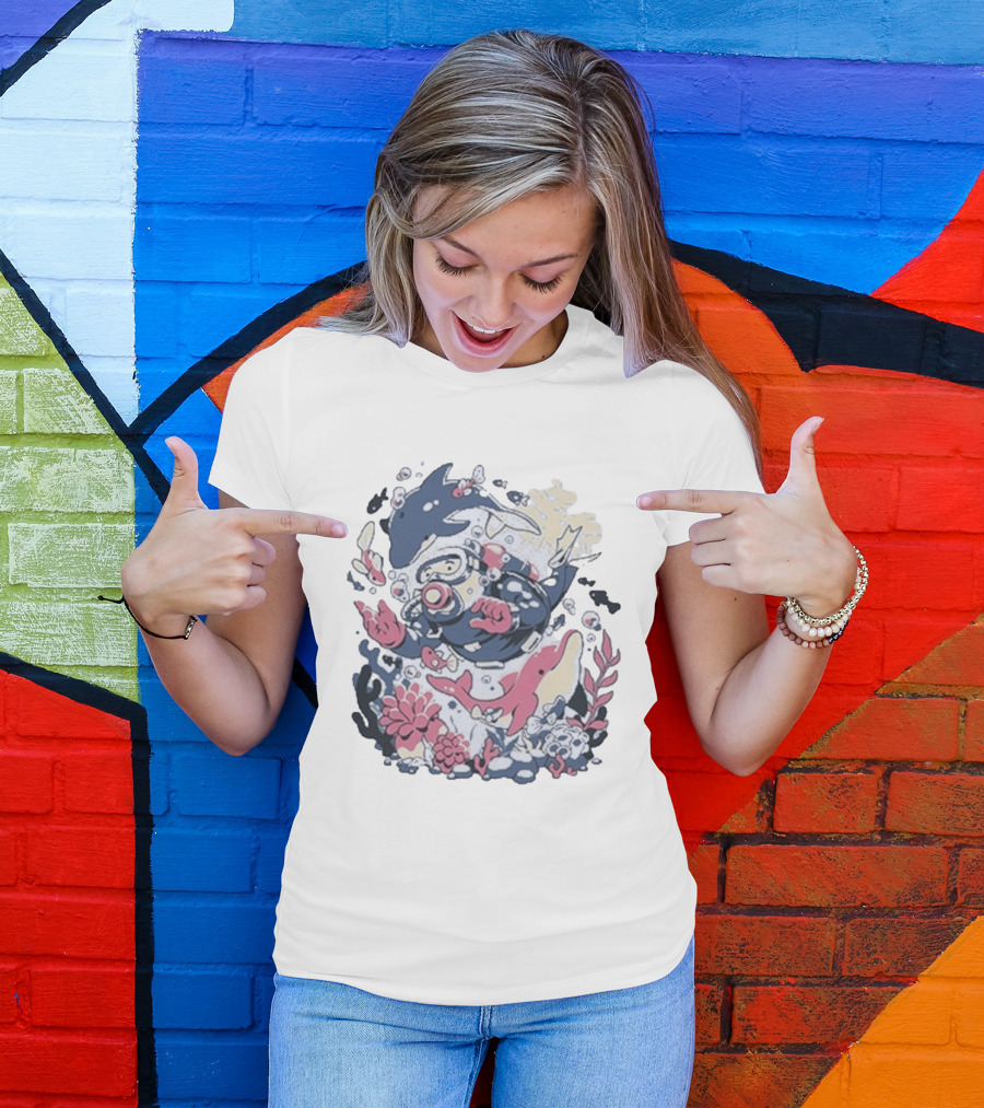 Fangamer Dolphins Dive Underwater Adventure With Diver And Marine Life T-Shirt