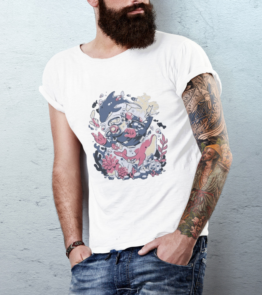 Fangamer Dolphins Dive Underwater Adventure With Diver And Marine Life T-Shirt