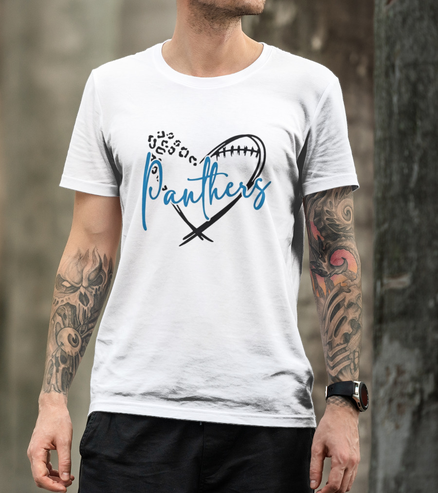 Panthers Heart Leopard Spots Football Laces Cursive Line T-Shirt
