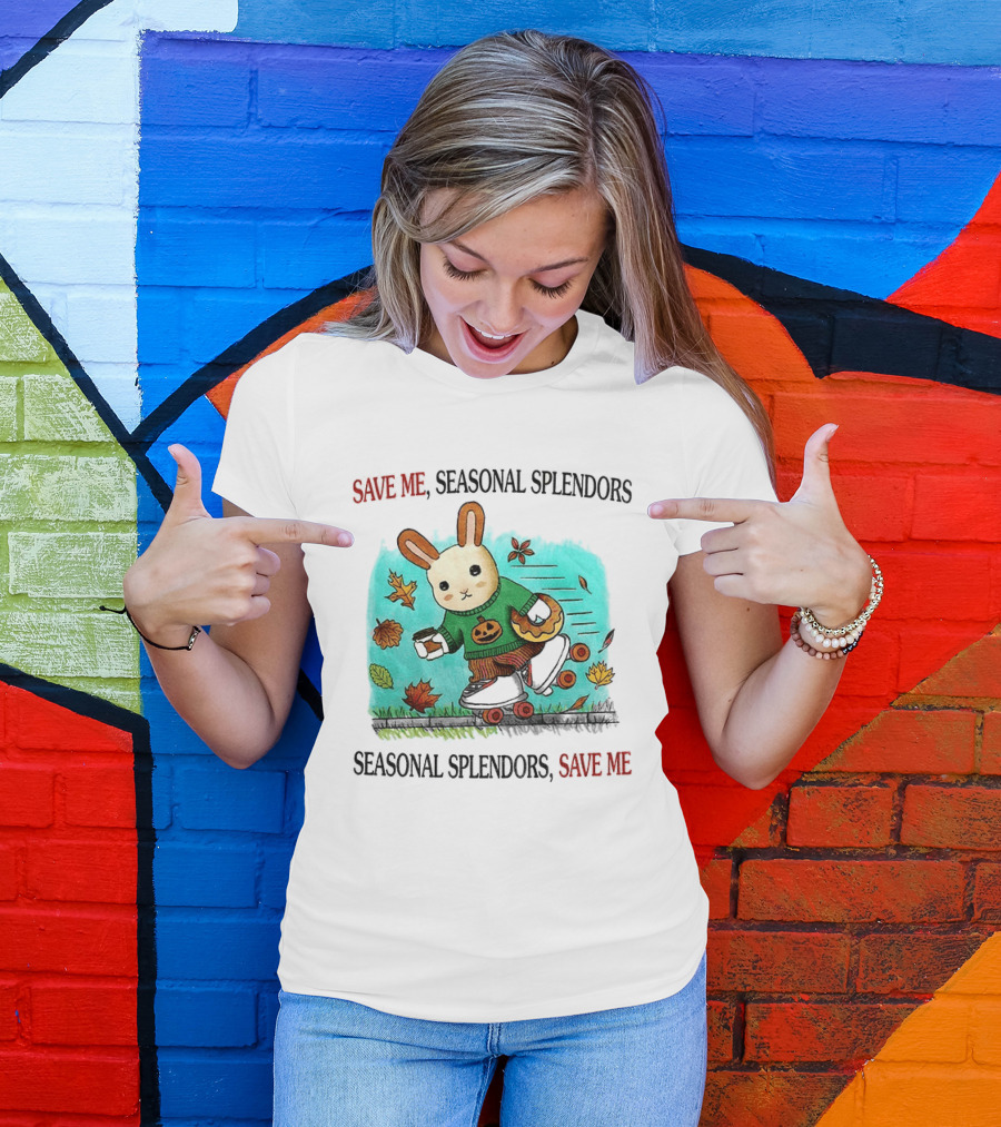 Skater Rabbit With Coffee And Donut Save Me Seasonal Splendors Leaves T-Shirt