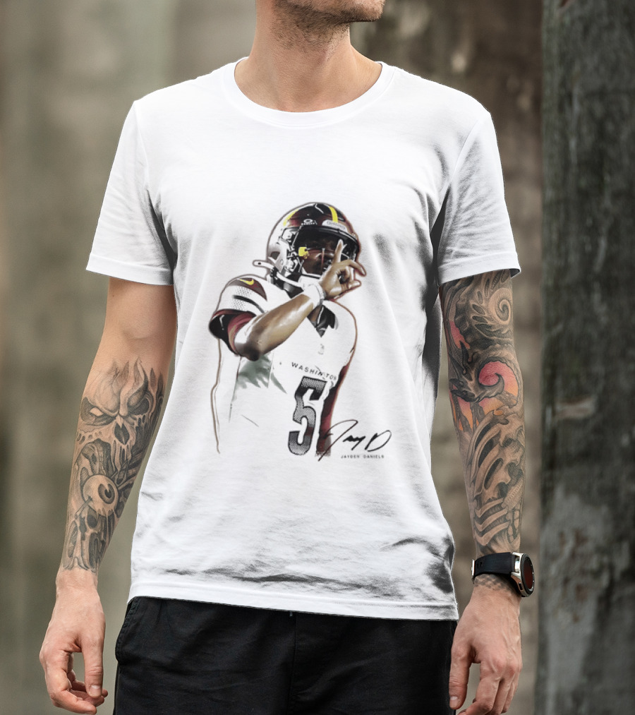 Washington Commanders Jayden Daniels Quarterback Finger To Lips Photo Cutout T-Shirt
