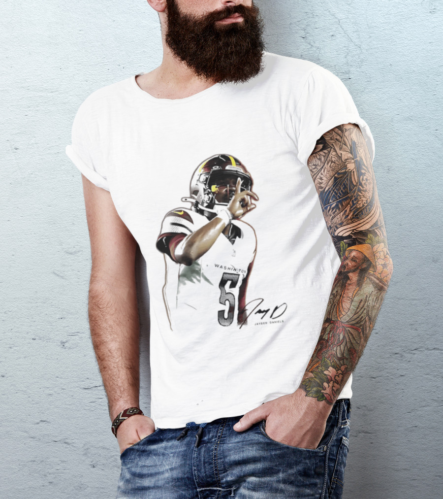 Washington Commanders Jayden Daniels Quarterback Finger To Lips Photo Cutout T-Shirt