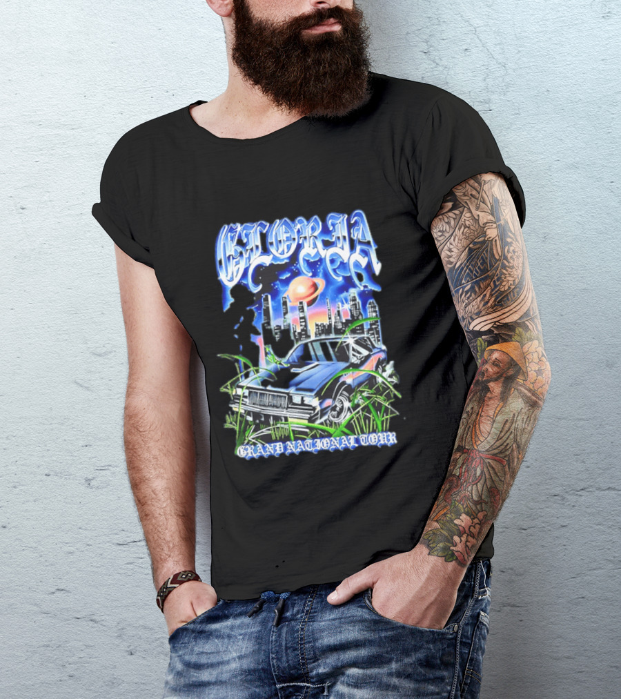 Gloria Grand National Tour Classic Car City Skyline Planet T-Shirt