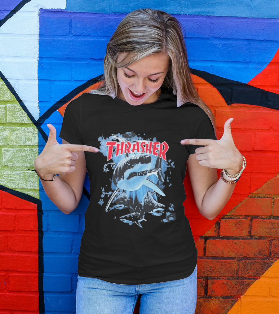 Thrasher Shark Blue Print Skateboarding T-Shirt