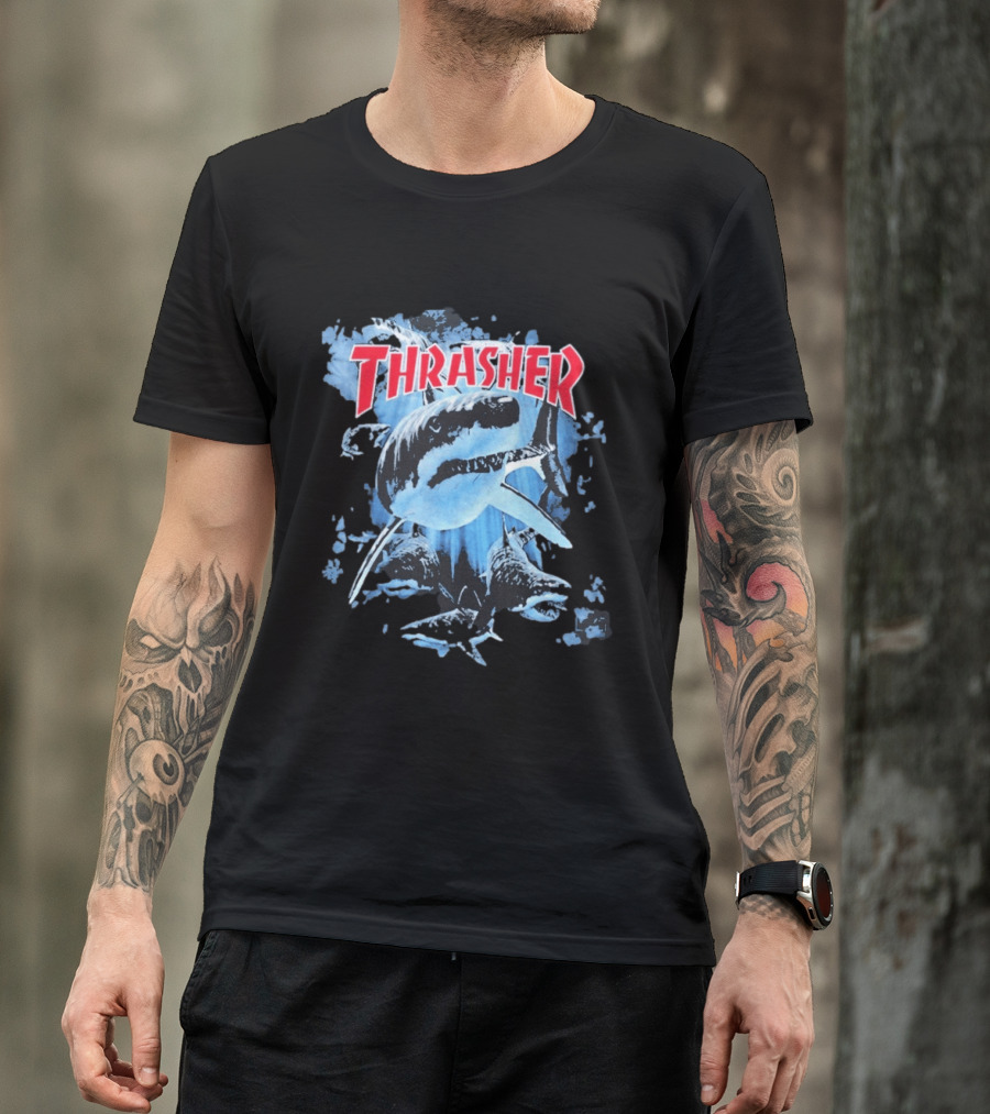 Thrasher Shark Blue Print Skateboarding T-Shirt