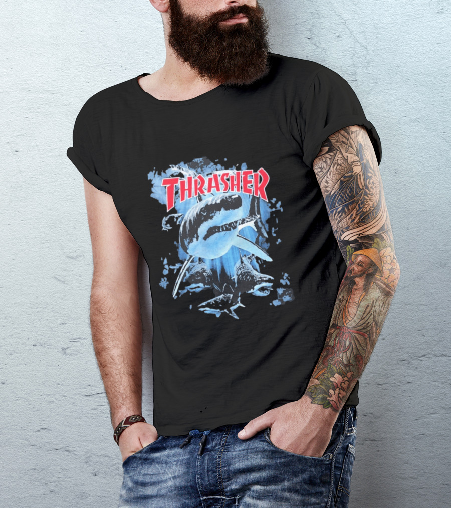 Thrasher Shark Blue Print Skateboarding T-Shirt
