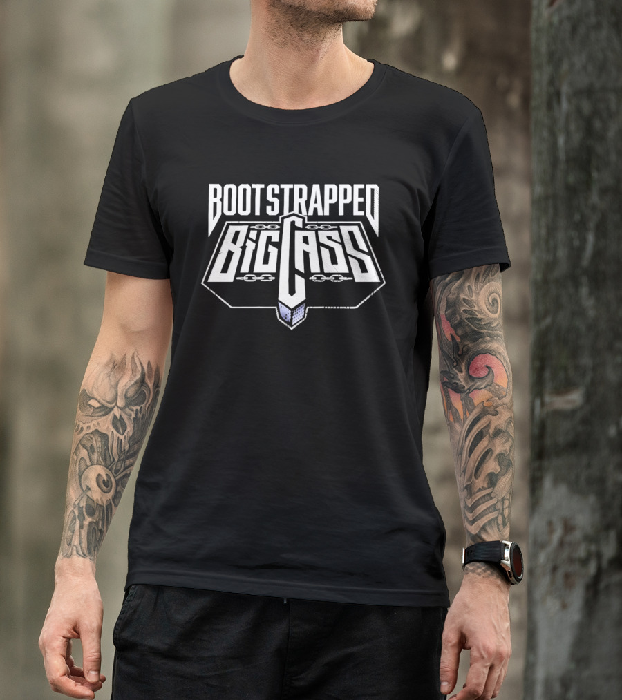 Bootstrapped Big Cass Distressed Chains Shield Frame Block Lettering T-Shirt