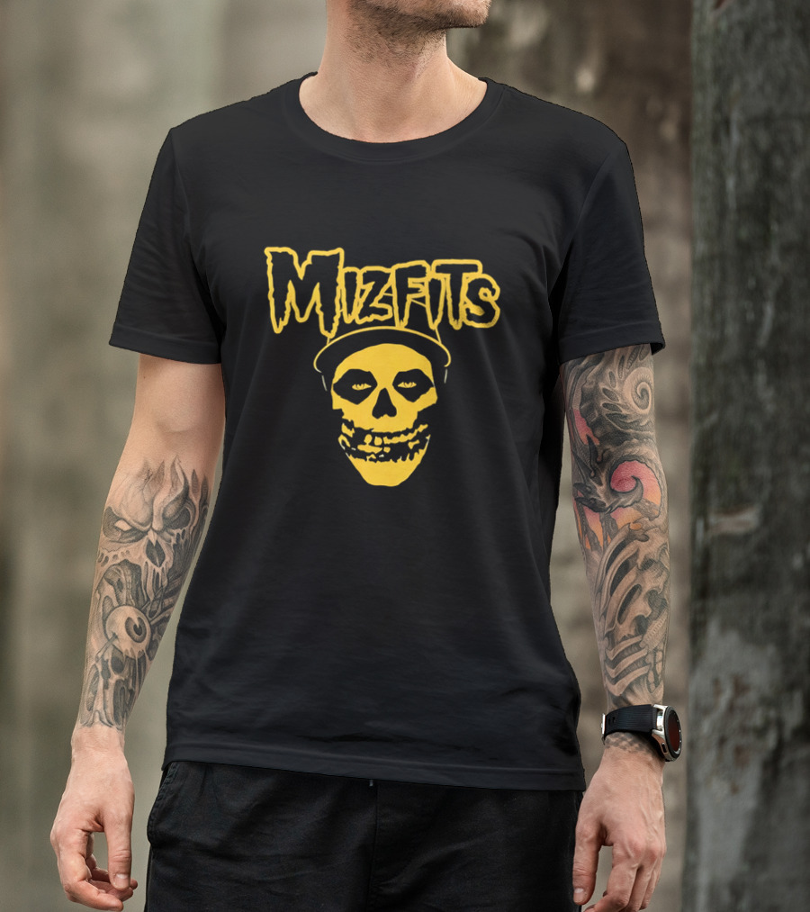 Mizfits Yellow Dripping Horror Font Skull In Baseball Cap T-Shirt