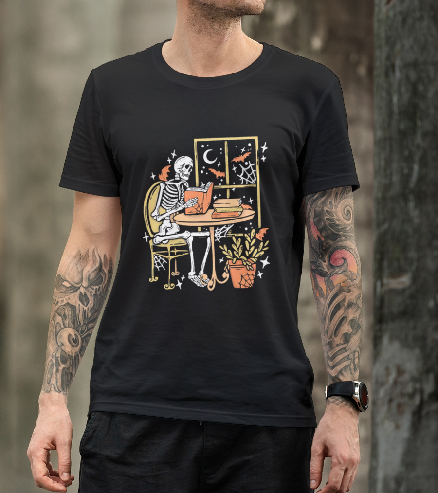 Cartoon Skeleton Reading Under Crescent Moon With Bats Orange Book Table Window T-Shirt