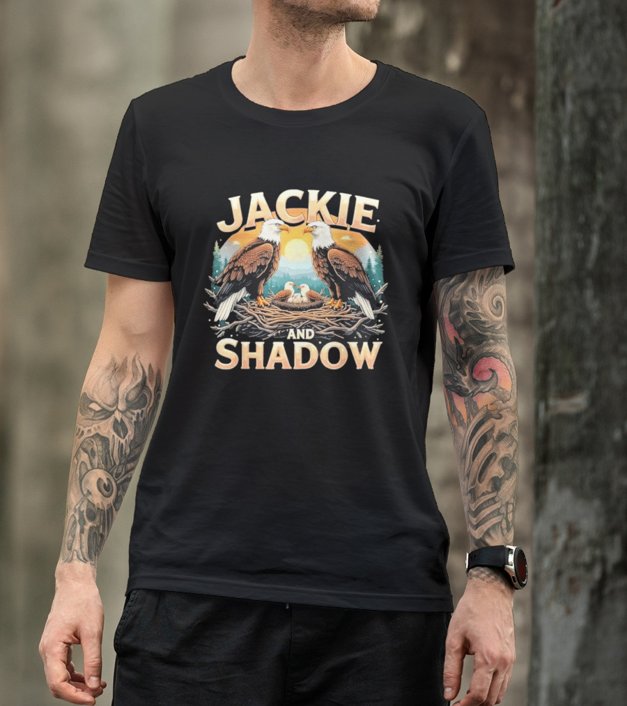 Jackie And Shadow American Eagles Family In Nest With Mountains And Sun T-Shirt