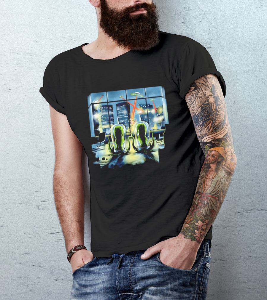 Project Rigel Alien Invasion City Battle Scene With Flying Saucers And Lasers T-Shirt