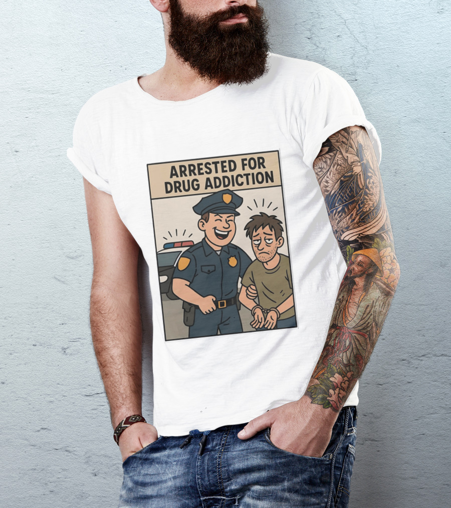 Arrested For Drug Addiction Cartoon Police Officer And Suspect T-Shirt