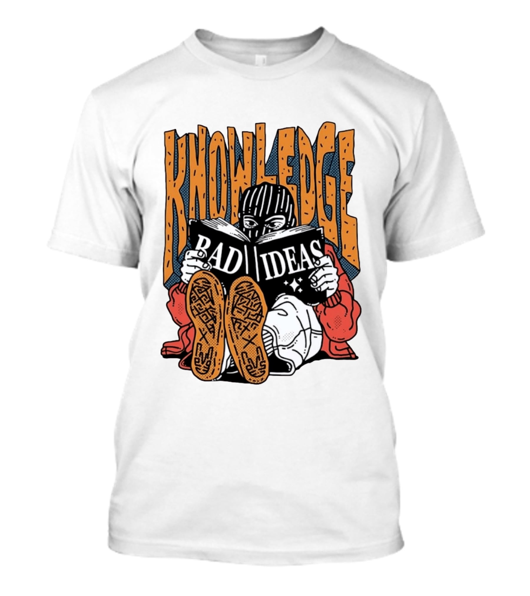 Knowledge Bad Ideas Elyski Balaclava Reading Book Shoe Soles Halftone Cartoon T-Shirt